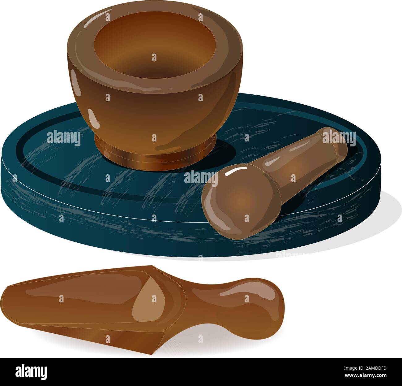 Mortaio & Pestle isolato su sfondo bianco illustrazione vettoriale. Il mortaio è un attrezzo importante nella fabbricazione dell'alimento e della farmacia. Illustrazione Vettoriale