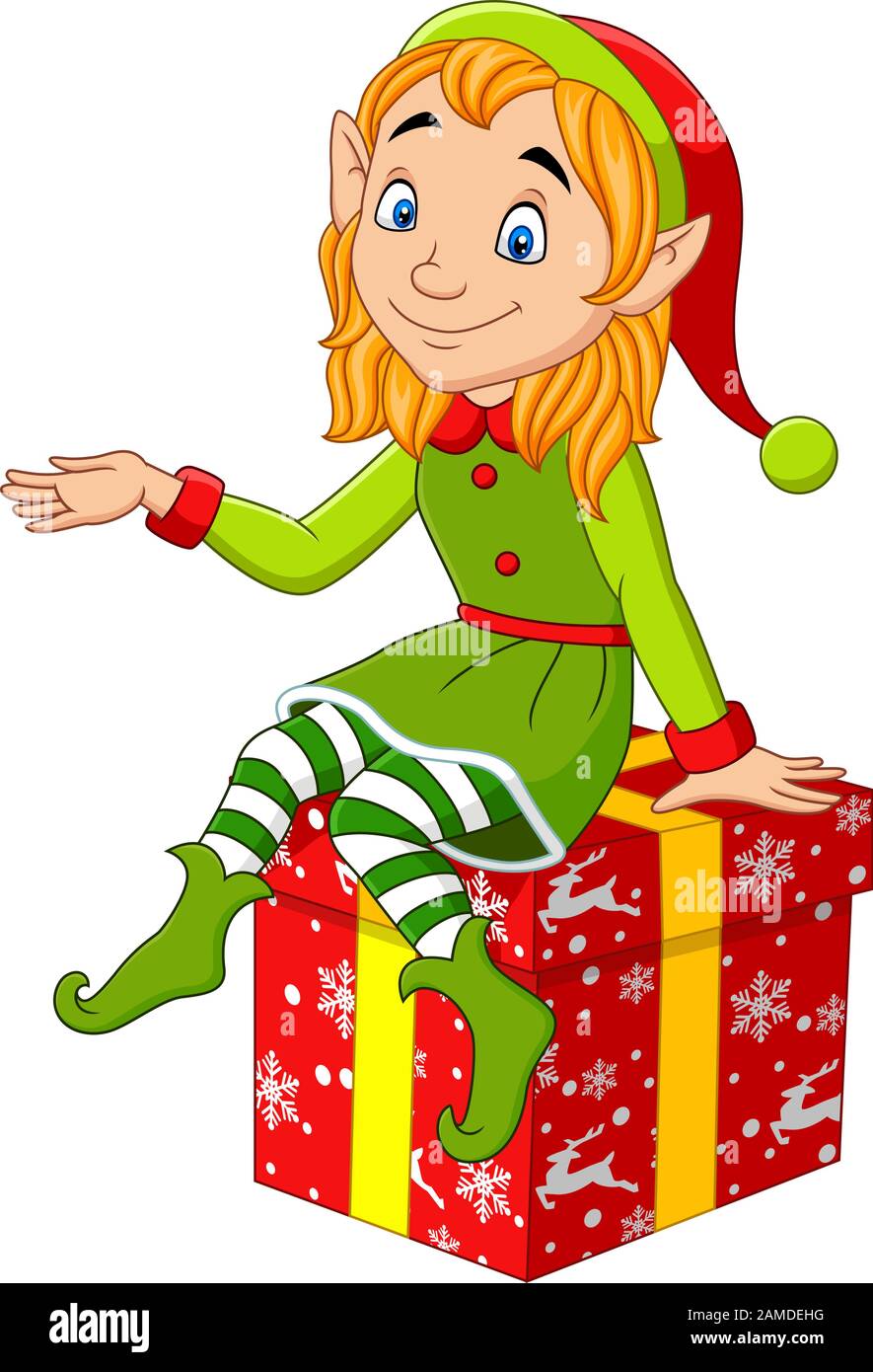 Cartoni Animati Sul Natale.Cartone Animato Elfo Di Natale Seduto Sul Regalo Immagine E Vettoriale Alamy