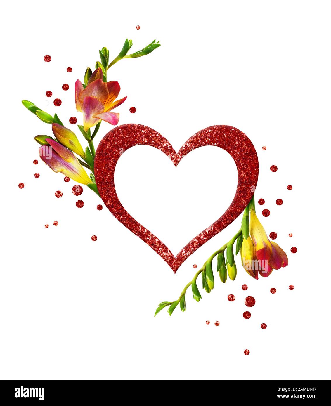 Fresco rosso e giallo verde fiori e glitter cuore con confetti in accordo per San Valentino isolato su sfondo bianco Foto Stock