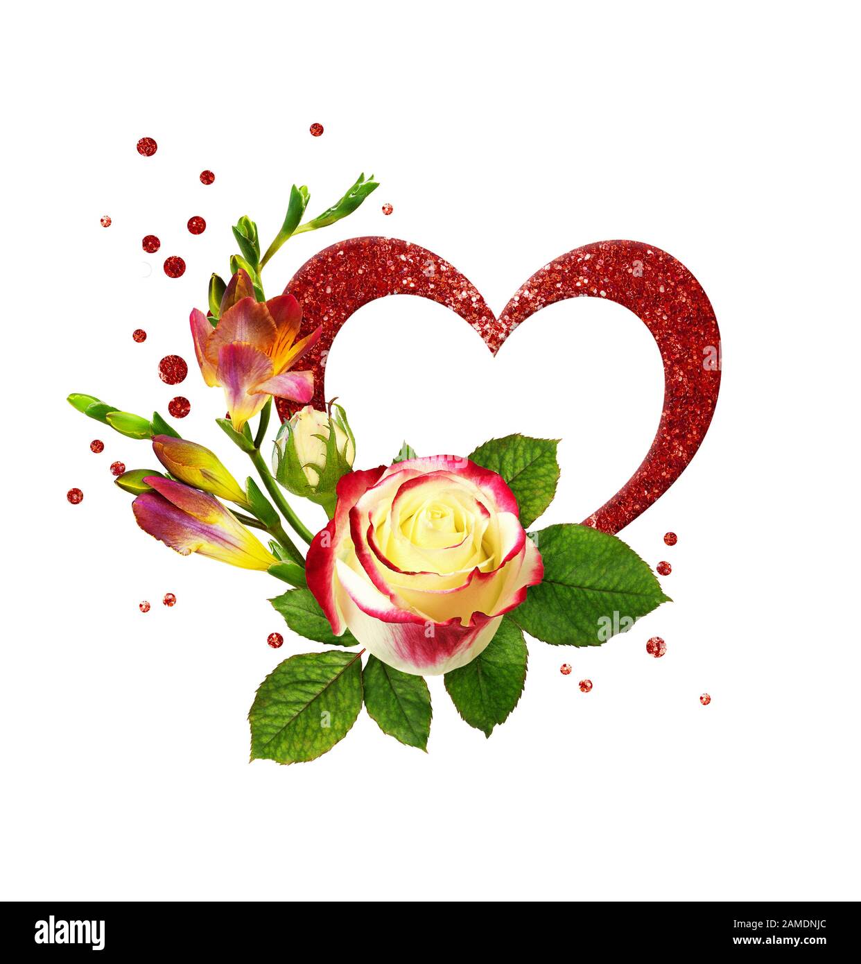 Fresco rosso e giallo verde fiori e glitter cuore con confetti in accordo per San Valentino isolato su sfondo bianco Foto Stock