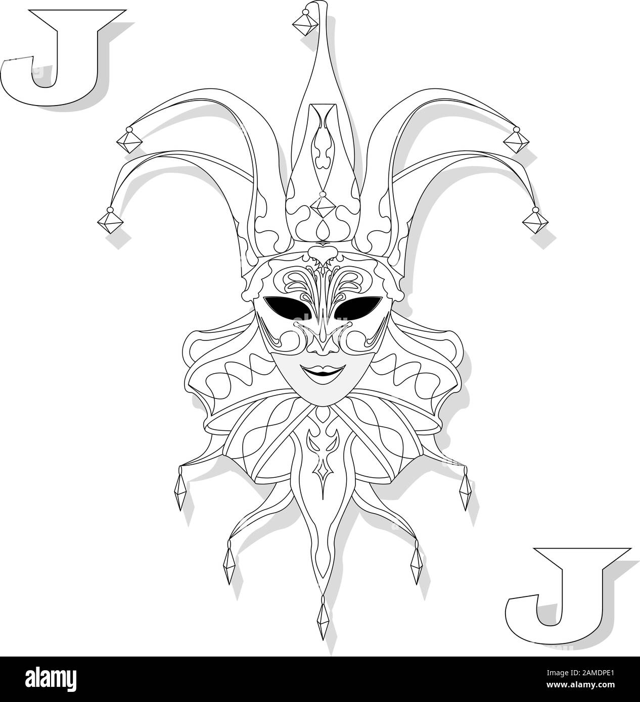 Stile joker maschera viso. Immagine vettoriale isolata su sfondo bianco. Colorazione pagina adulto. Illustrazione Vettoriale