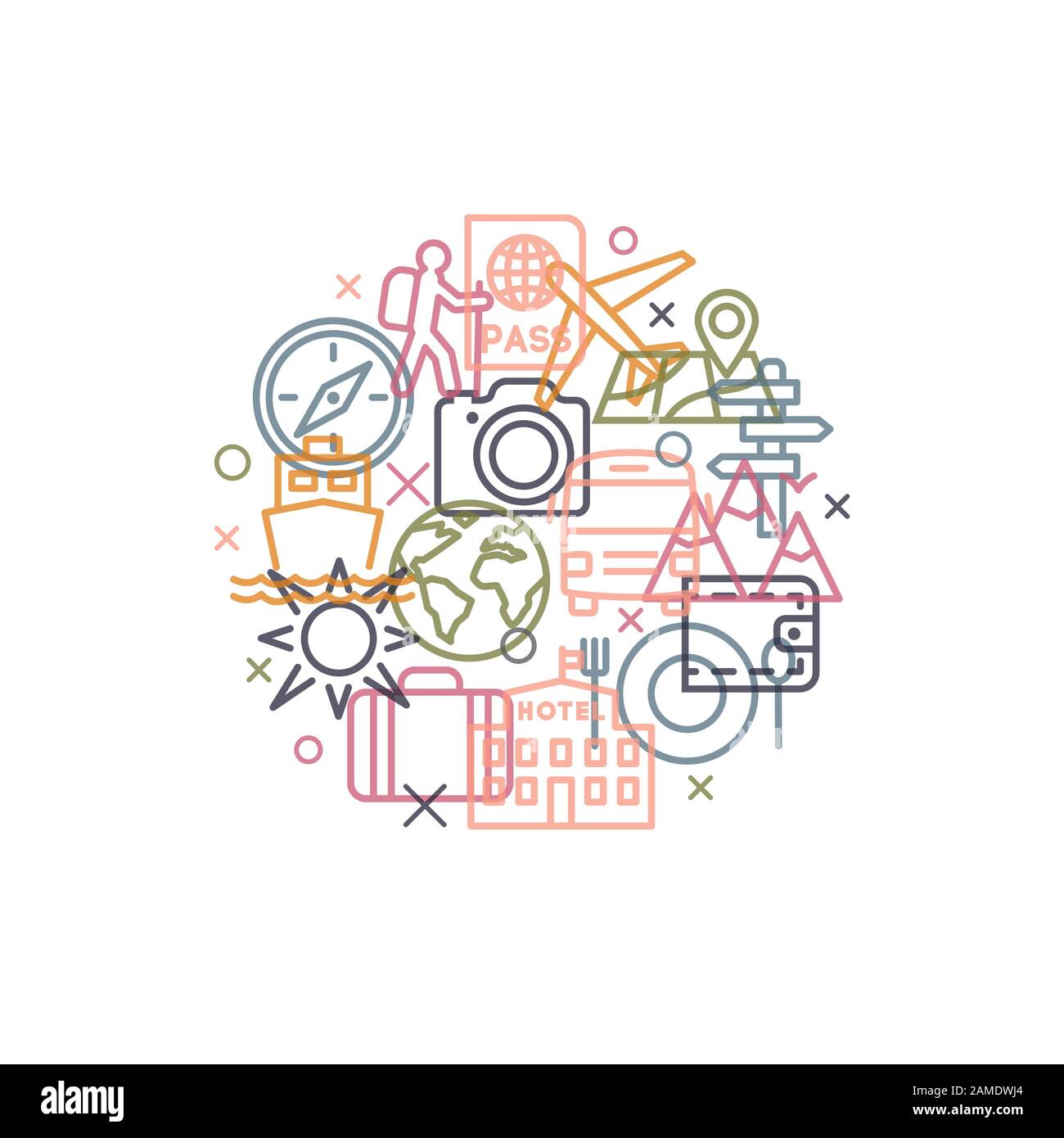 Concetto di viaggio con icone e segni in stile lineare alla moda Illustrazione Vettoriale