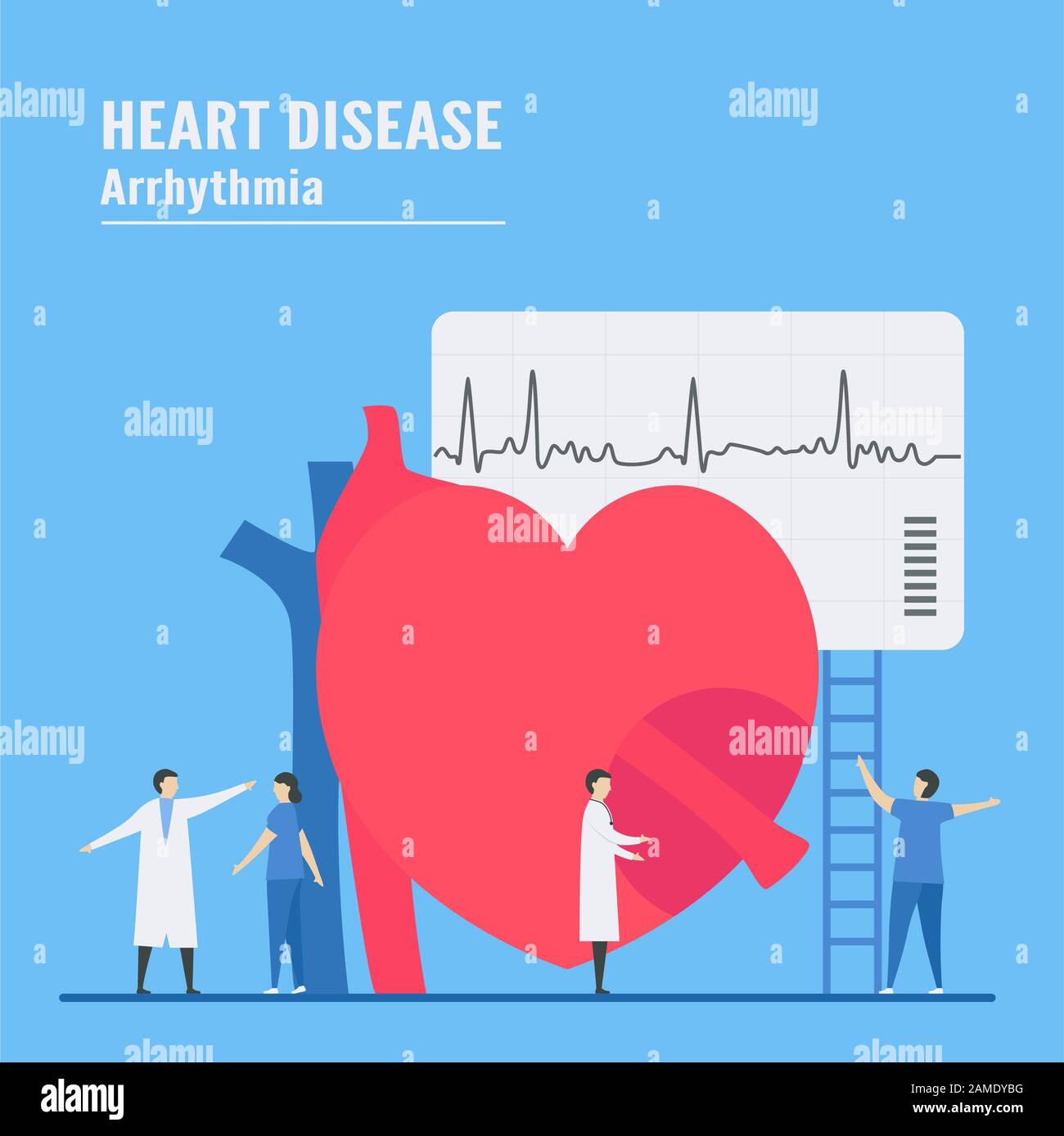 Illustrazione del vettore cardiologico. Questo problema di cardiopatia è l'aritmia. Diagnostica e analisi del sistema di guasto del segnale periodico. Foto Stock