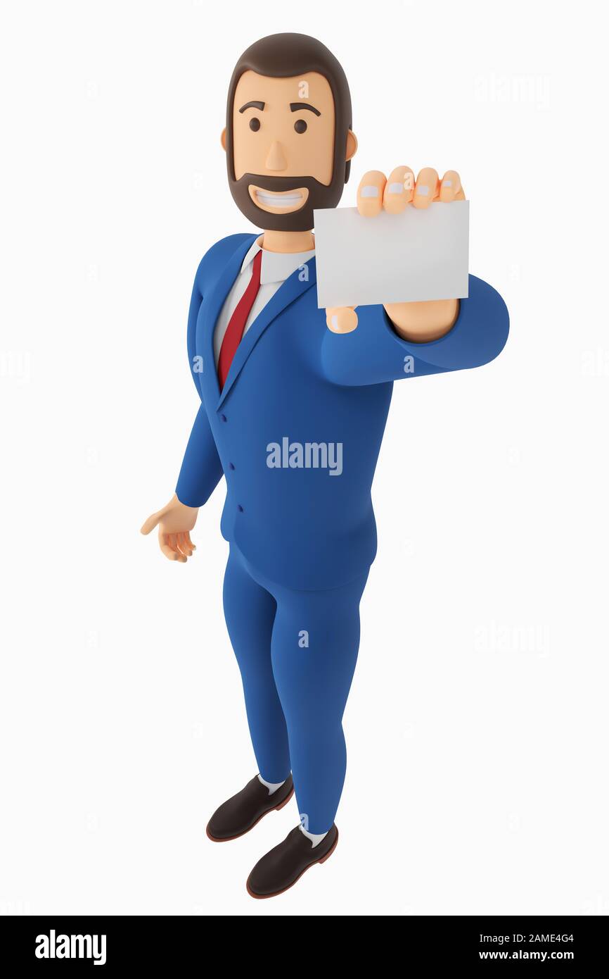 Un fumetto disegnato imprenditore è in possesso di un biglietto da visita, modulo vuoto o carta di credito. Imprenditore in un vestito con uno sguardo insolito. Il rendering 3D Foto Stock