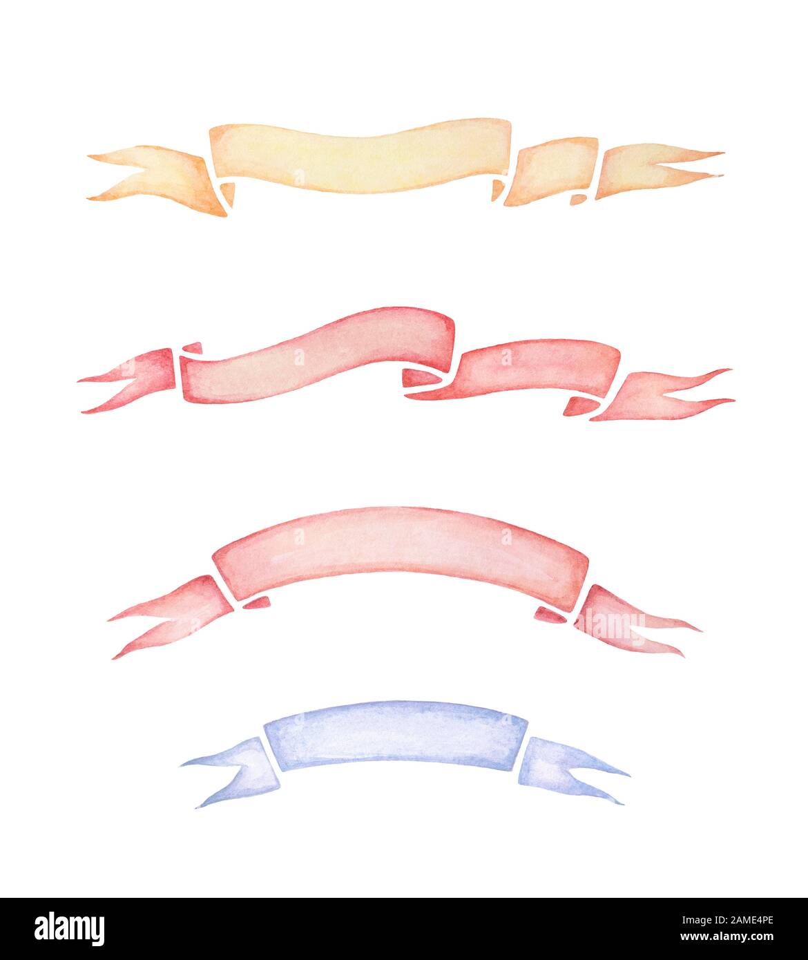 Set di nastri. Blu Giallo Rosso. Acquerello. Sfondo bianco. Foto Stock
