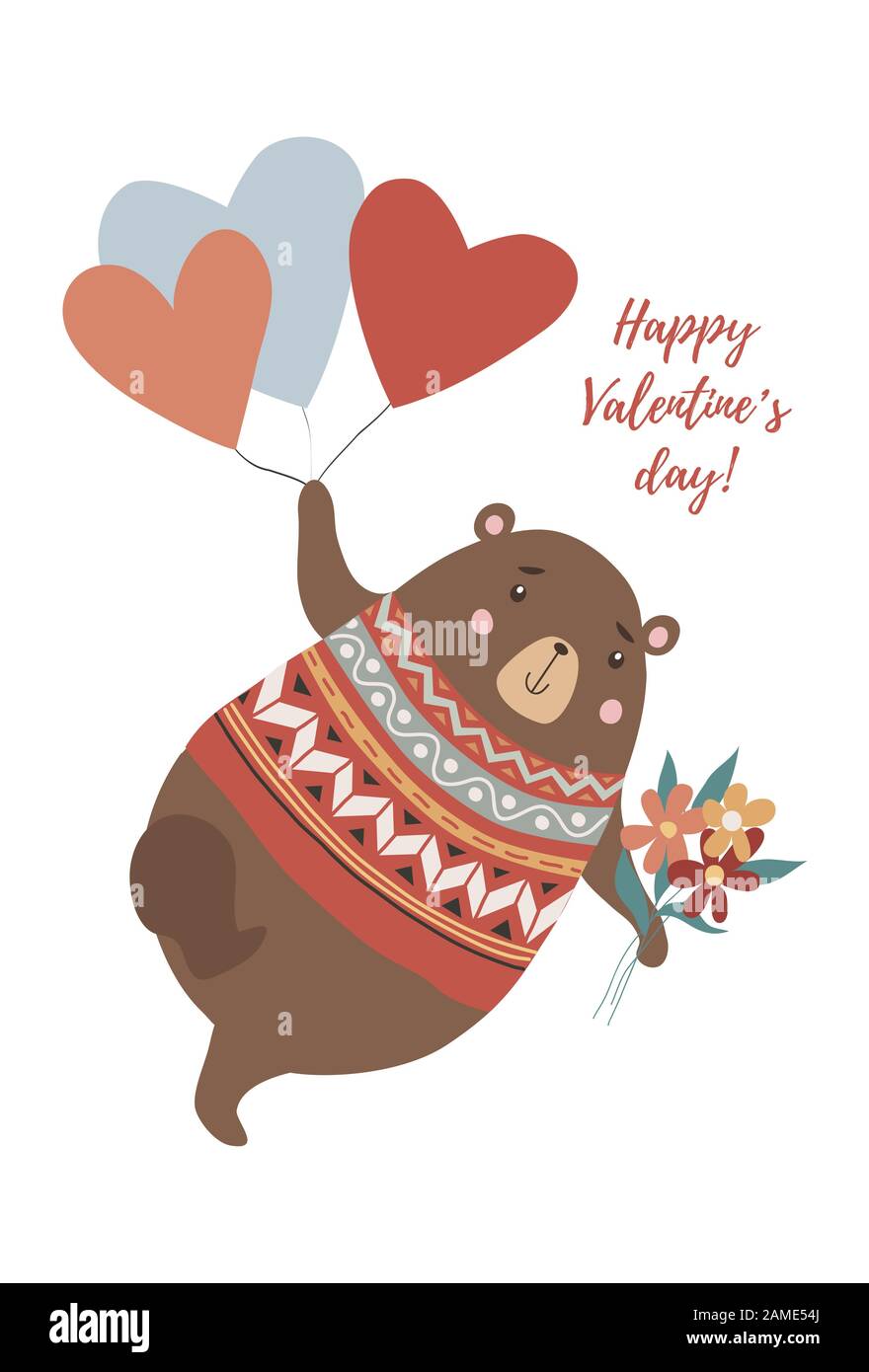 Grazioso orso con bouquet di fiori che volano sul cuore a forma di palloncini in stile disegnato a mano Illustrazione Vettoriale