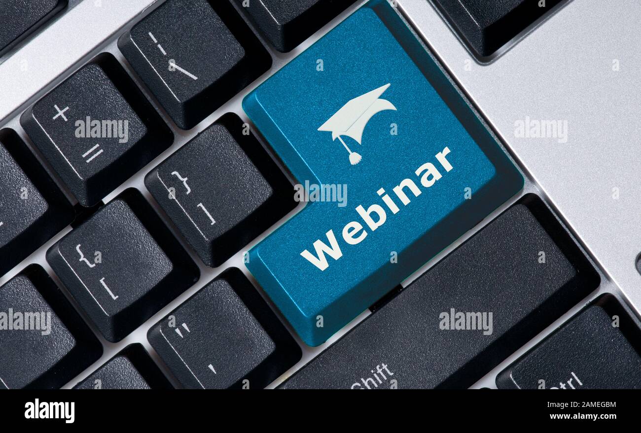 Tastiera per computer con immagine del concetto di apprendimento didattico online con tasti del webinar Foto Stock