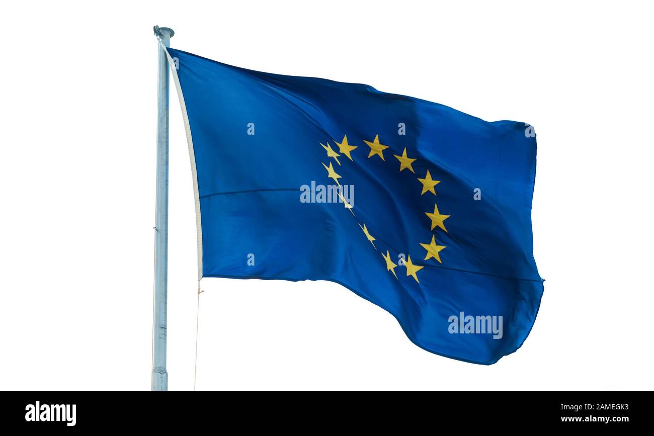 Bandiera dell'Unione europea a flagpole isolata su sfondo bianco Foto Stock