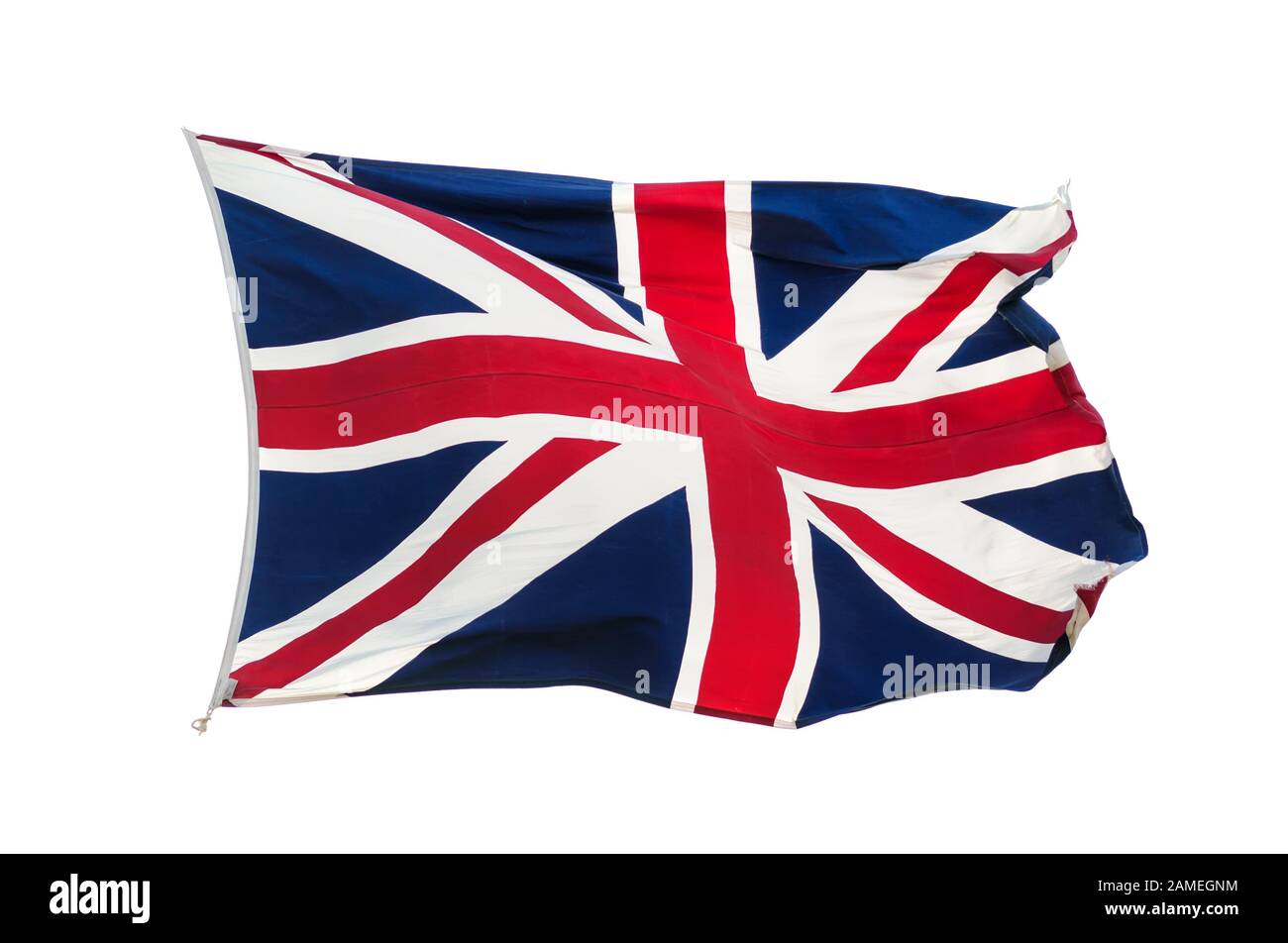 La bandiera britannica Union Jack ha sventolato nel vento isolato su sfondo bianco Foto Stock