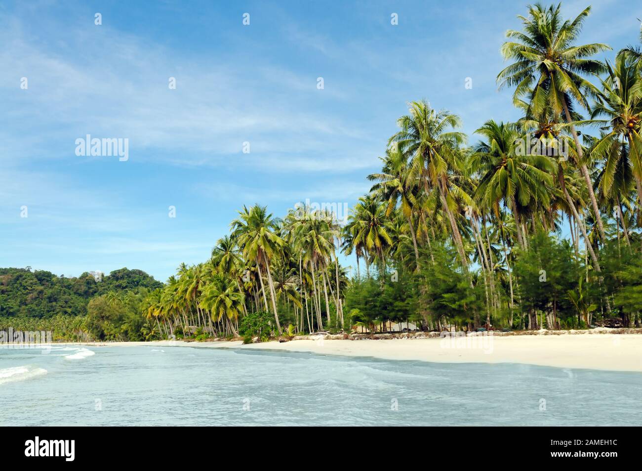 Coconut Island - paesaggio di spiaggia tropicale - mare calmo, palme, cielo blu e nessuno Foto Stock