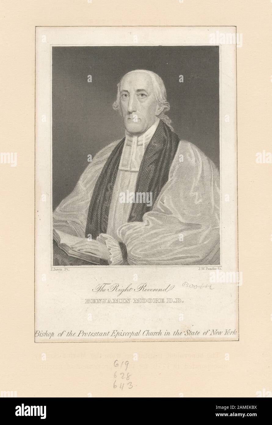 Il reverendo Destro Benjamin Moore DD Include riproduzioni fotografiche. Tra i centri di stampa figurano Alexander Anderson, W.J. Bennett, C.G. Bambini, A.J. Davis, A.b. Durand, Eliza Greatorex, George Hayward, John Rodgers E L'Ufficio Litografico Di Imbert. Titolo dal Calendario della collezione Emmet. EM11226 Dichiarazione di responsabilità : J.W. Paradise; Il Reverendo Di Destra Benjamin Moore D.d. Foto Stock