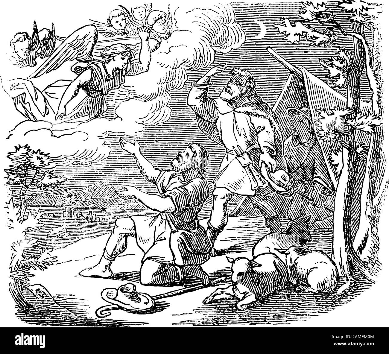 Disegno d'epoca o incisione della storia biblica dell'angelo che parla ai pastori vicino a Betlemme circa l'uccello di Gesù.Bibbia, nuovo Testamento, Luca 1. Biblische Geschichte , Germania 1859. Illustrazione Vettoriale