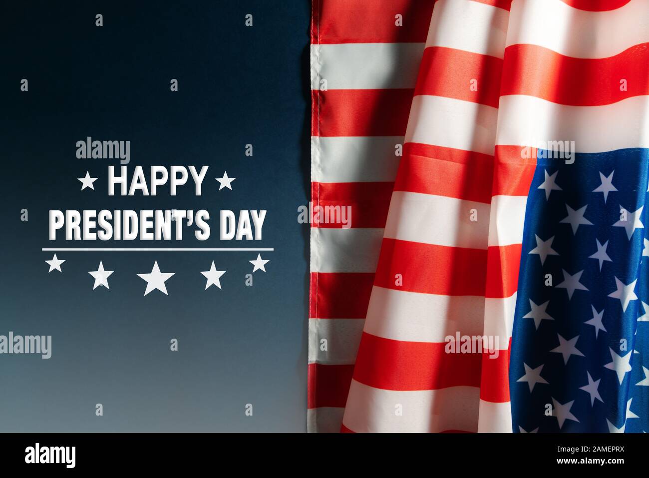Il giorno dei presidenti celebra sullo sfondo della bandiera americana Foto Stock