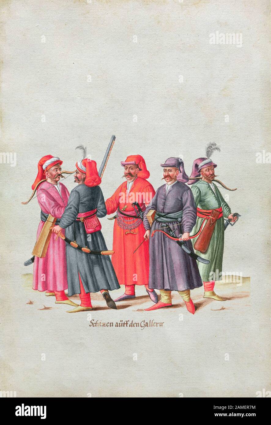 La storia dell'Impero Ottomano. Soldati navi turchi (ottomani). Da 'immagini della vita popolare turca' di Heinrich Hendrowski. 16th secolo Foto Stock