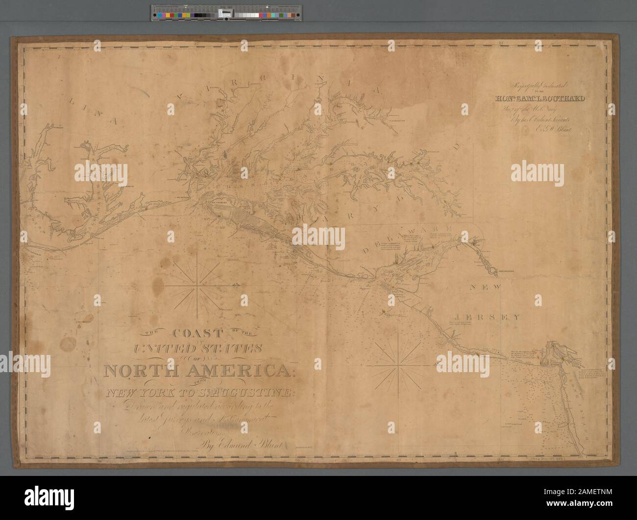 La costa degli Stati Uniti del Nord America da New York a St Augustine Copre New York a Cape Hatteras. Profondità mostrate da colonne sonore. Rilievo mostrato da hachures. Orientata verso nord verso destra. Scala [ca. 1:875.000] (W 77°55ʹ--W 72°55ʹ/N 41°00ʹ--N 35°15ʹ) mappatura della nazione (sovvenzione NEH, 2015-2018); la costa degli Stati Uniti del Nord America da New York a St. Augustine Foto Stock