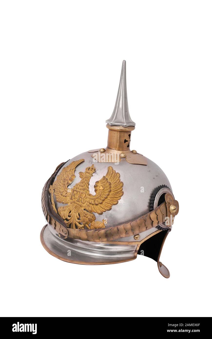 Vecchio timone tedesco del 19th secolo, cosiddetto Pickelhaube (timone a picco). Foto Stock