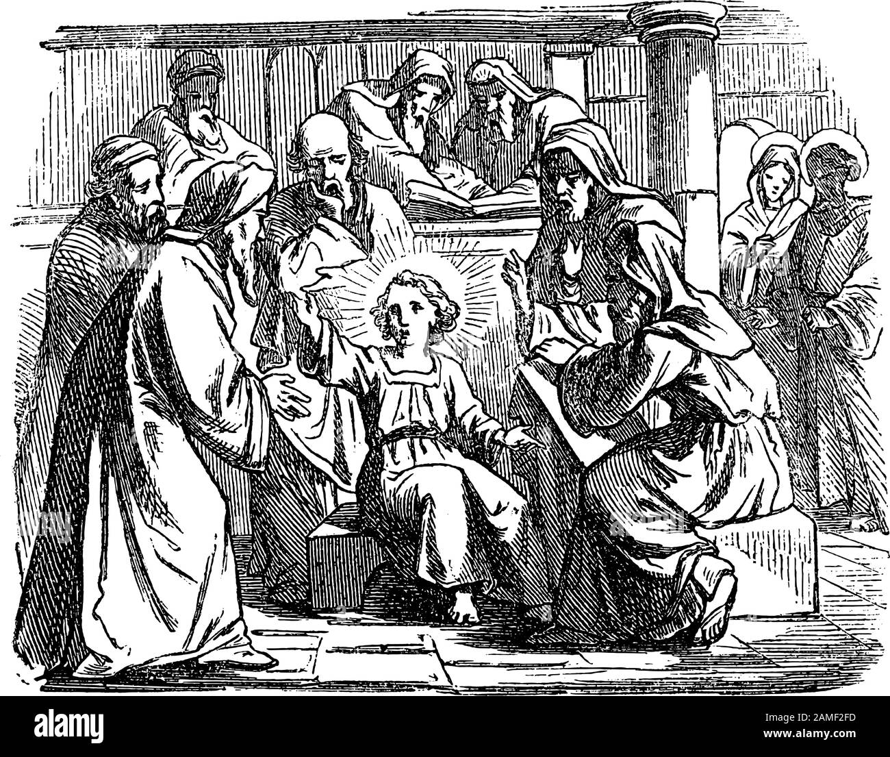 Disegno o incisione d'epoca della storia biblica del ragazzo Gesù che parla con gli insegnanti nel tempio di Gerusalemme.Bibbia, nuovo Testamento, Luca 2. Biblische Geschichte , Germania 1859. Illustrazione Vettoriale