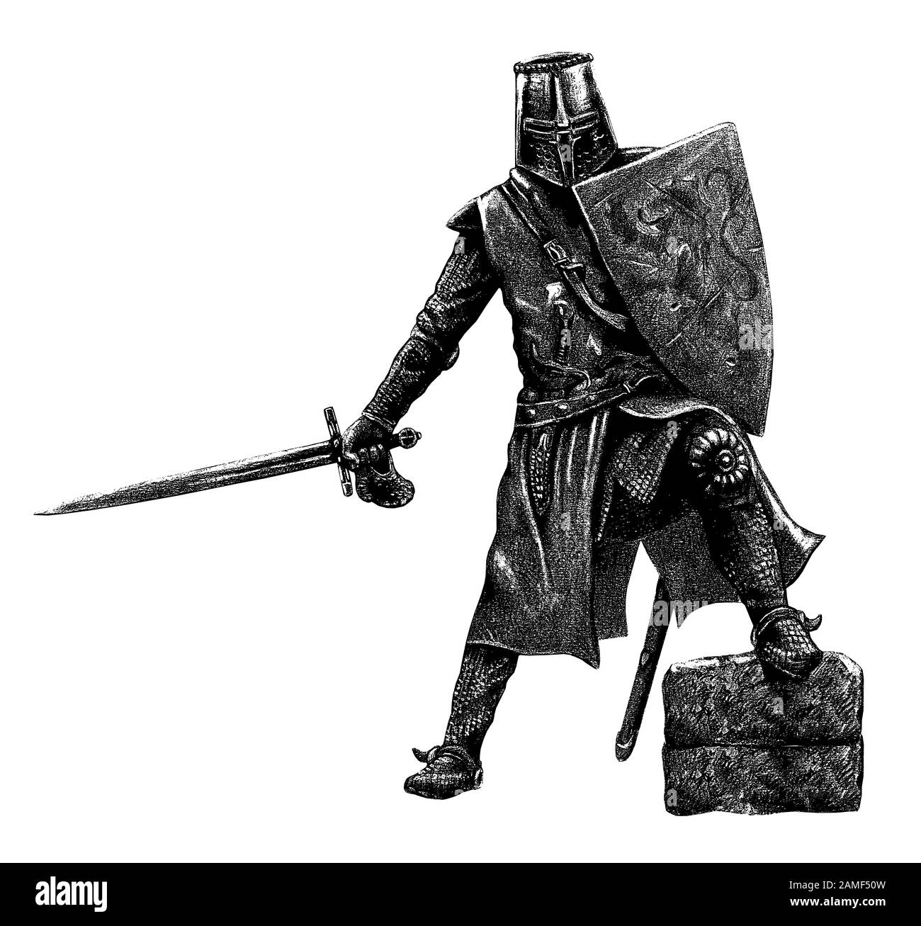 Illustrazione della silhouette di attacco del cavaliere medievale. Battaglia medievale. Campo di battaglia e conquista di Gerusalemme. Foto Stock