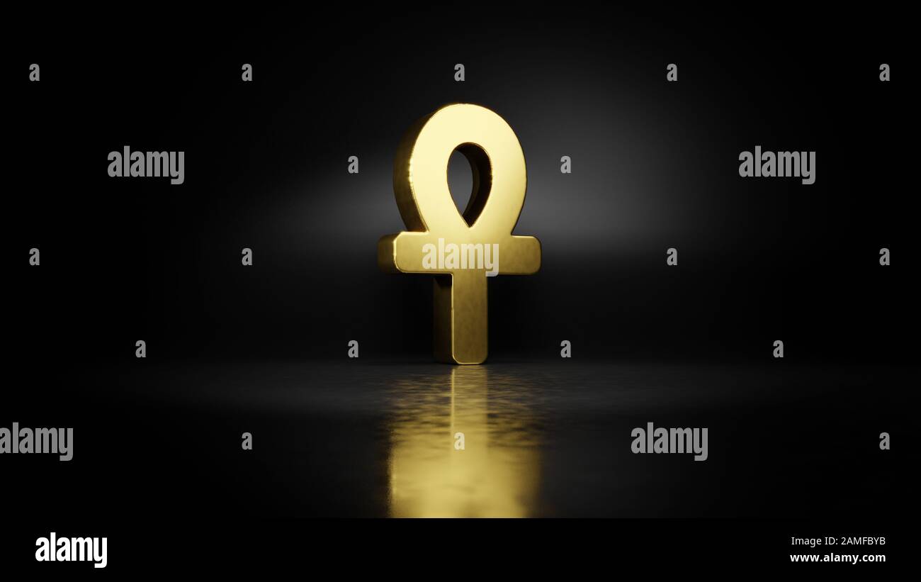 Simbolo di metallo oro del rendering 3D ankh con riflesso sfocato sul pavimento con sfondo scuro Foto Stock