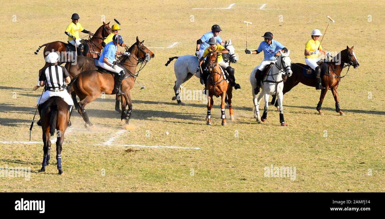 Jaipur, India. 11th Gen 2020. Giocatori di VG (in blu) e Umang (in giallo) in azione durante la Mathuradas Mathur Memorial Polo Cup match a Rambagh Polo Ground a Pink City Jaipur. Rajasthan Chief Minister Ashok Gehlot, Femina Miss India Grand-2020 Shivani Jadhav, India Tv Chairman Rajat Sharma, Chairman Of Jaipur Citizen Forum Rajiv Arora, Chairman Of Anti Terrorism Front Maninderjeet Singh Bitta, Il Famoso Chef Sanjeev Kapoor E Altri Dignitari Hanno Guardato La Partita. (Foto Di Sumit Saraswat/Pacific Press) Credito: Pacific Press Agency/Alamy Live News Foto Stock