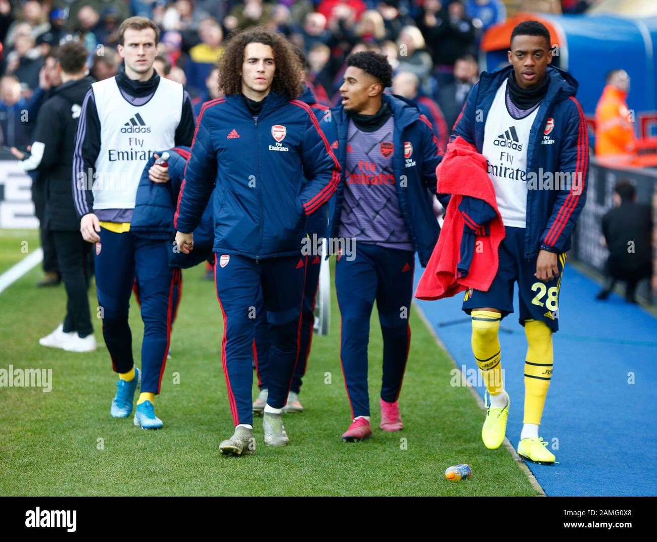 Londra, INGHILTERRA - 11 GENNAIO: L-R Rob Holding dell'Arsenal, Matteo Guendouzi dell'Arsenal Reiss Nelson dell'Arsenal e Joe Willock dell'Arsenal durante l'Engli Foto Stock