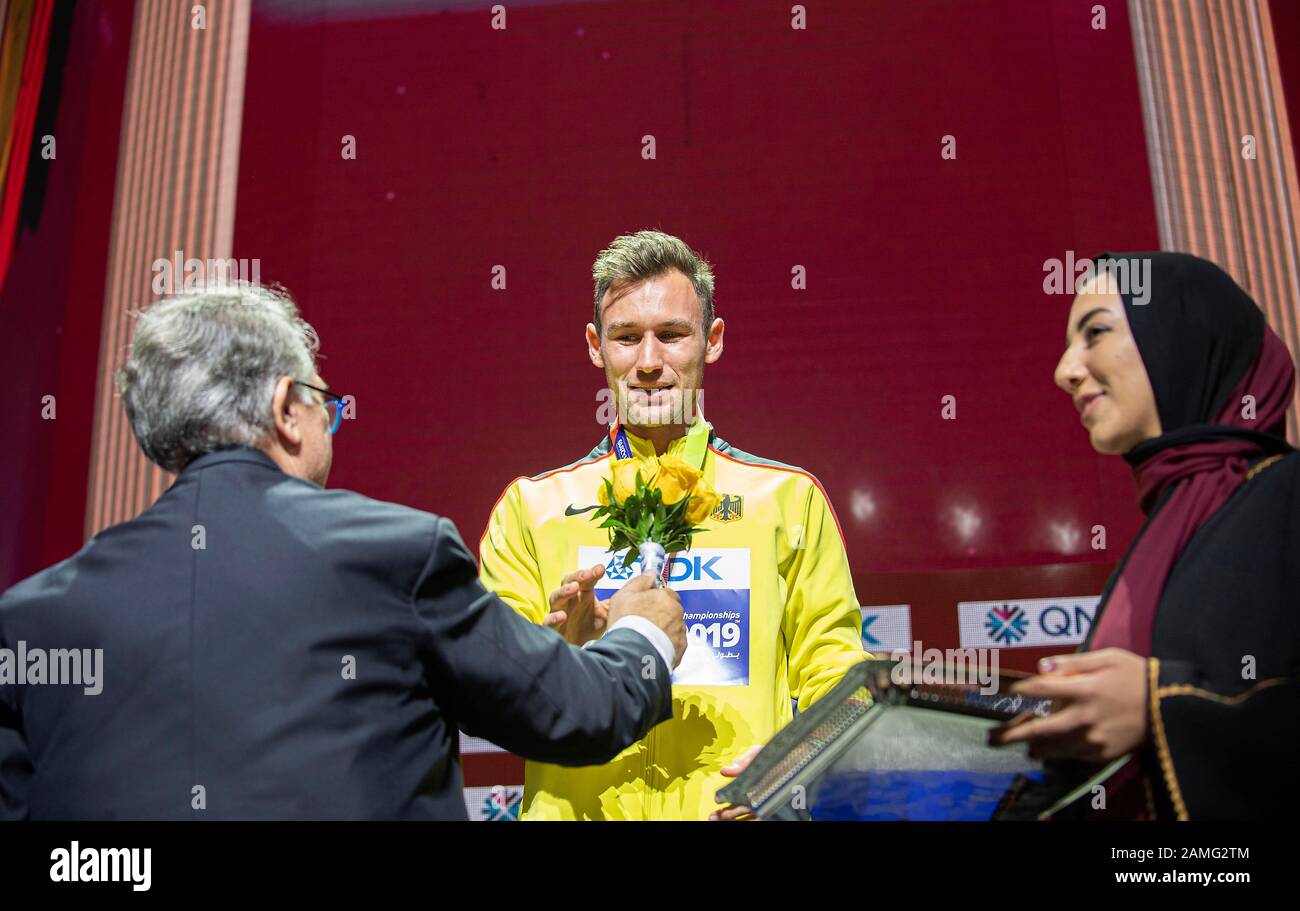 Vincitore Niklas KAUL (Germania/1st Place). Cerimonia di premiazione decathlon degli uomini, il 04.10.2019 World Athletics Championships 2019 a Doha/Qatar, dal 27.09. 10.10.2019. Â | utilizzo in tutto il mondo Foto Stock