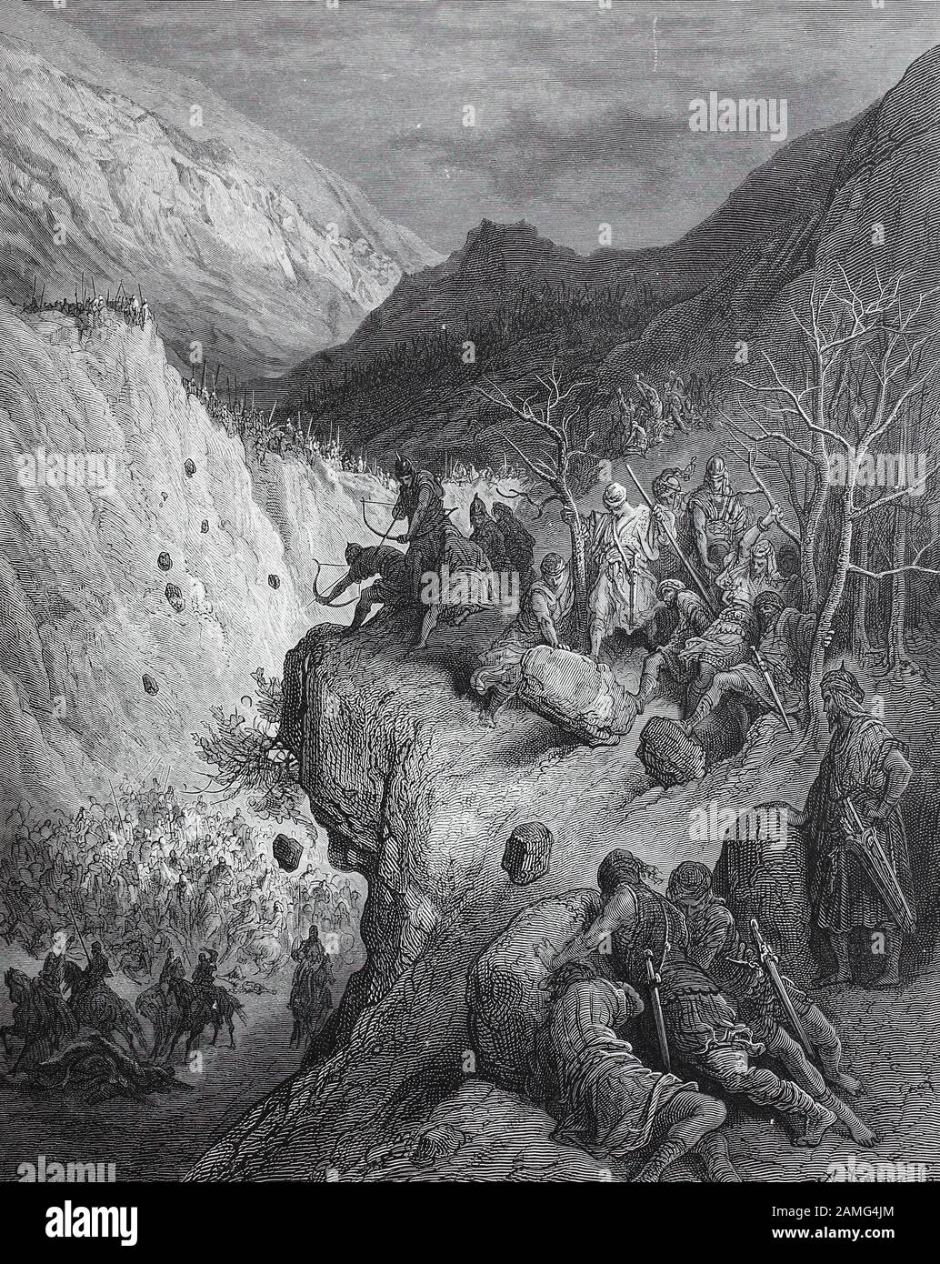 Le crociate furono una serie di guerre religiose nell'Asia occidentale e l'Europa iniziò, sostenuta e talvolta diretta dalla Chiesa cattolica, i crociati vengono attaccati dalle truppe turche, Seconda crociata. Das Heer der Kreuzfahrer wird von Türken in einem Hinterhalt überfallen, Kreuzzüge waren von der Lateinischen Kirche sanktionierte, strategisch, religiös und wirtschaftlich motivierte Kriege zwischen 1095/99 und dem 13. Jahrhundert, Historisch, riproduzione digitale migliorata di un originale del 19th secolo / digitale Reproduktion einer Originalvorlage aus dem 19. Jahrhundert Foto Stock