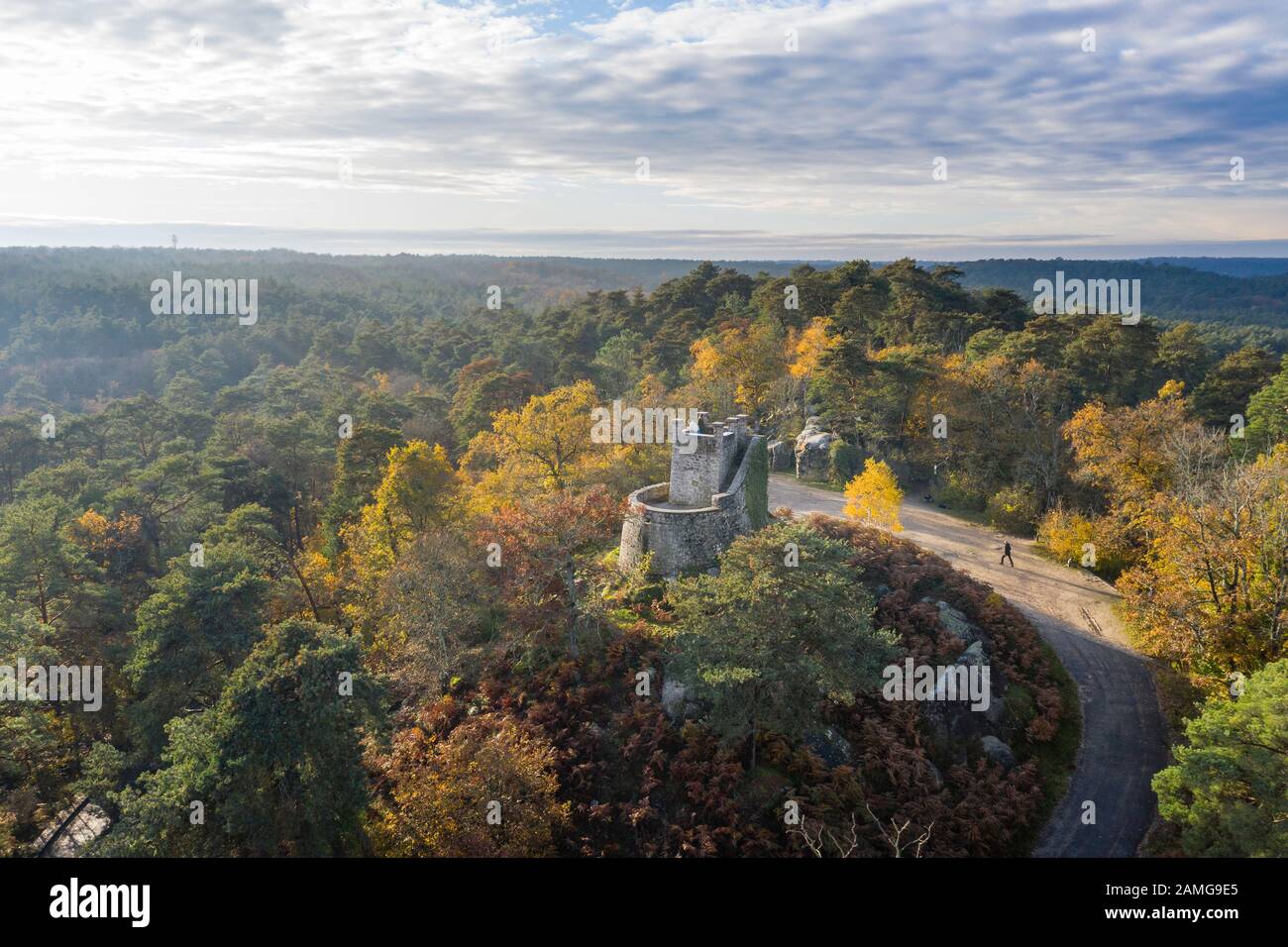 Francia, Senna e Marna, Fontainebleau, Foresta di Fontainebleau, Fontainebleau e Gatinais Biosfera Riserva dall'UNESCO, la torre Denecourt in autunno (ae Foto Stock