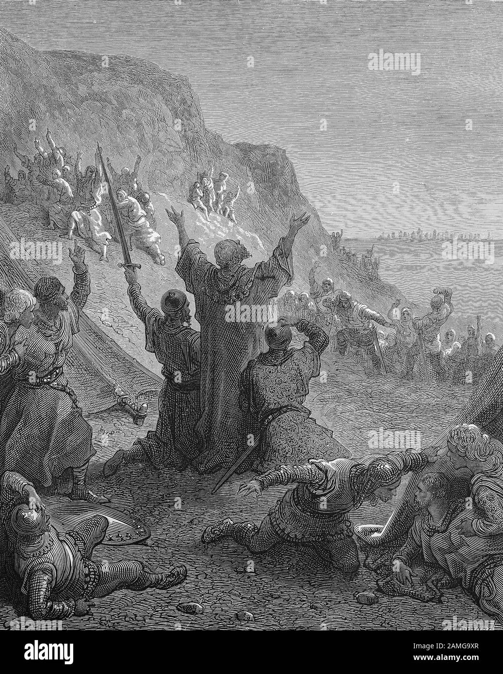 Le crociate furono una serie di guerre religiose nell'Asia occidentale e l'Europa iniziò, sostenuta e talvolta diretta dalla Chiesa cattolica, L'Arrivo delle truppe ausiliarie prima di damiette, egitto, quinta crociata, Ankunft der Hilfstruppen vor Damiette, Ägypten, fünfter Kreuzzug, Kreuzzüge waren von der Lateinischen Kirche sanktionierte, strategisch, religiös und wirtschaftlich motivierte Kriege zwischen 1095/99 und dem 13. Jahrhundert, Historisch, riproduzione digitale migliorata di un originale del 19th secolo / digitale Reproduktion einer Originalvorlage aus dem 19. Jahrhundert Foto Stock