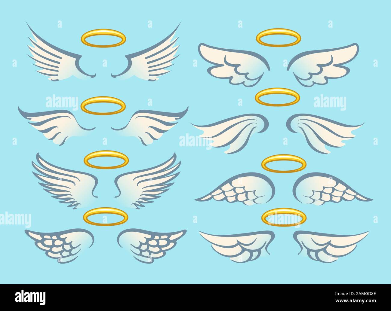 Battenti angelo con oro nimbus. Set di cartoni animati ad ala angelica. Illustrazione Vettoriale Illustrazione Vettoriale