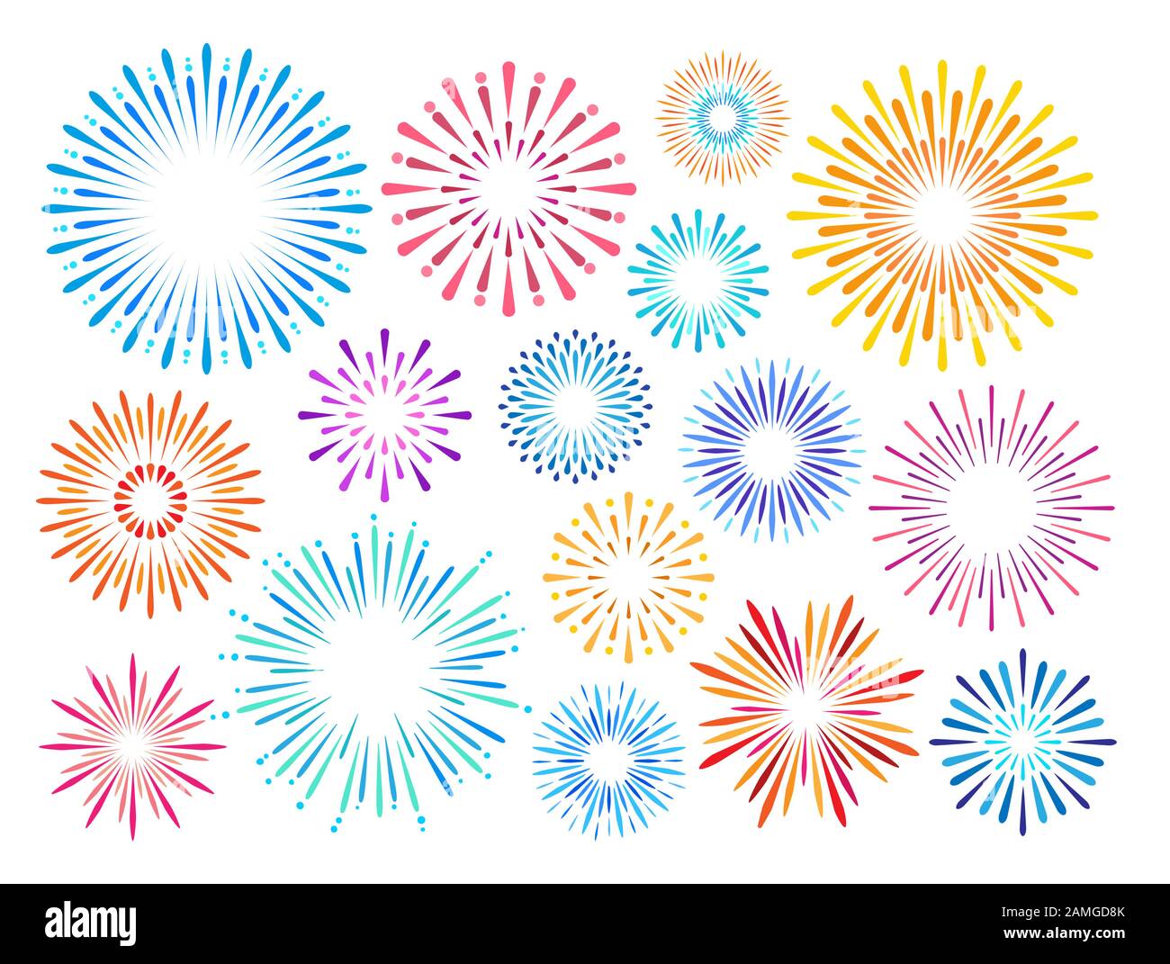 Set di fuochi d'artificio colorati festive su uno sfondo bianco. Illustrazione del vettore Illustrazione Vettoriale