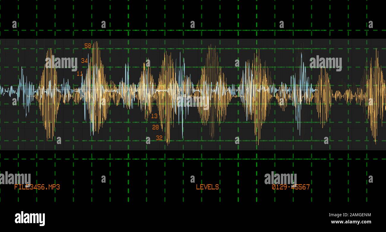 Sfondo della tecnologia scientifica delle forme d'onda audio, esempio di illustrazione del concetto di riconoscimento vocale Foto Stock