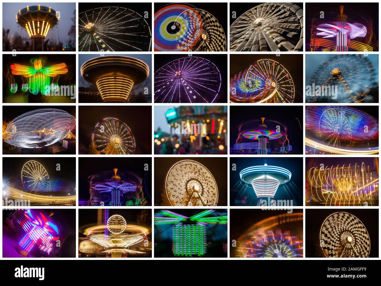 Serie di giostre colorate nel parco divertimenti. Di dimensioni standard. Foto Stock