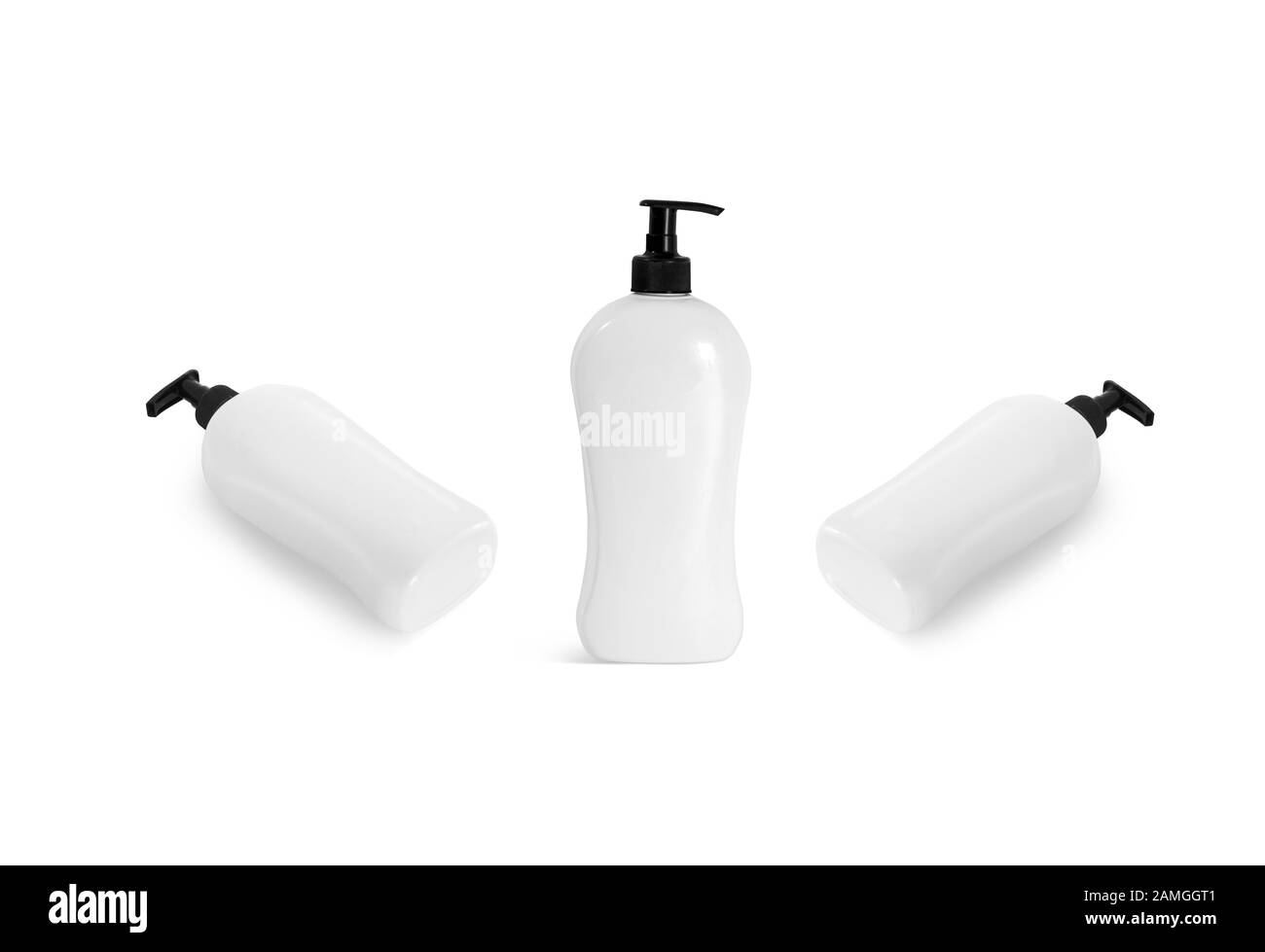 Flacone bianco di shampoo con mockup a pompa, frontale e laterale Foto Stock