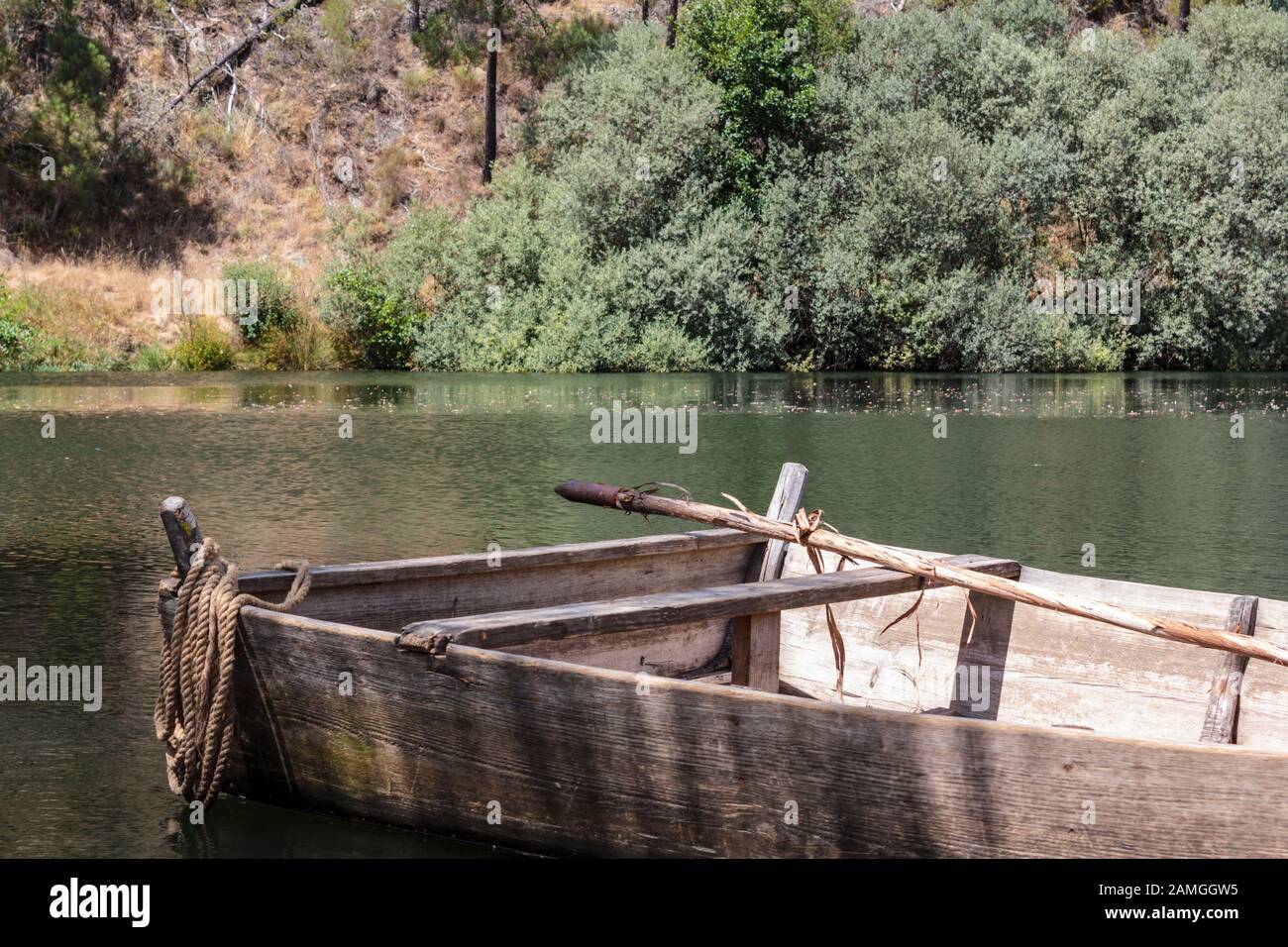 Una piccola imbarcazione in legno che trasporta persone, animali e merci da una sponda del fiume per gli altri Foto Stock