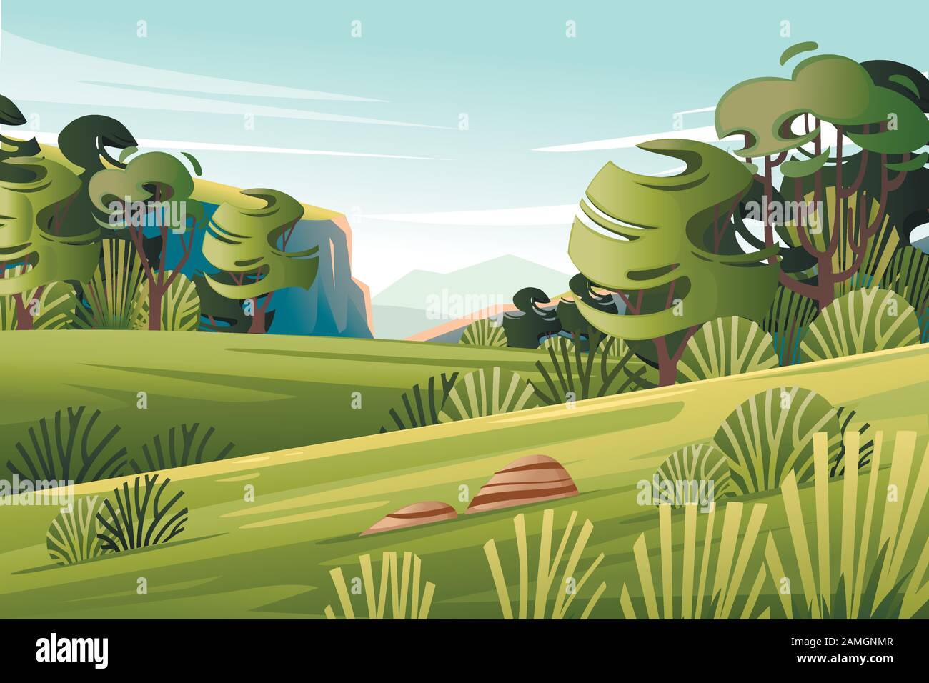 Paesaggio verde con alberi cespugli plateau montagne luminoso giorno soleggiato piatto vettore illustrazione. Illustrazione Vettoriale