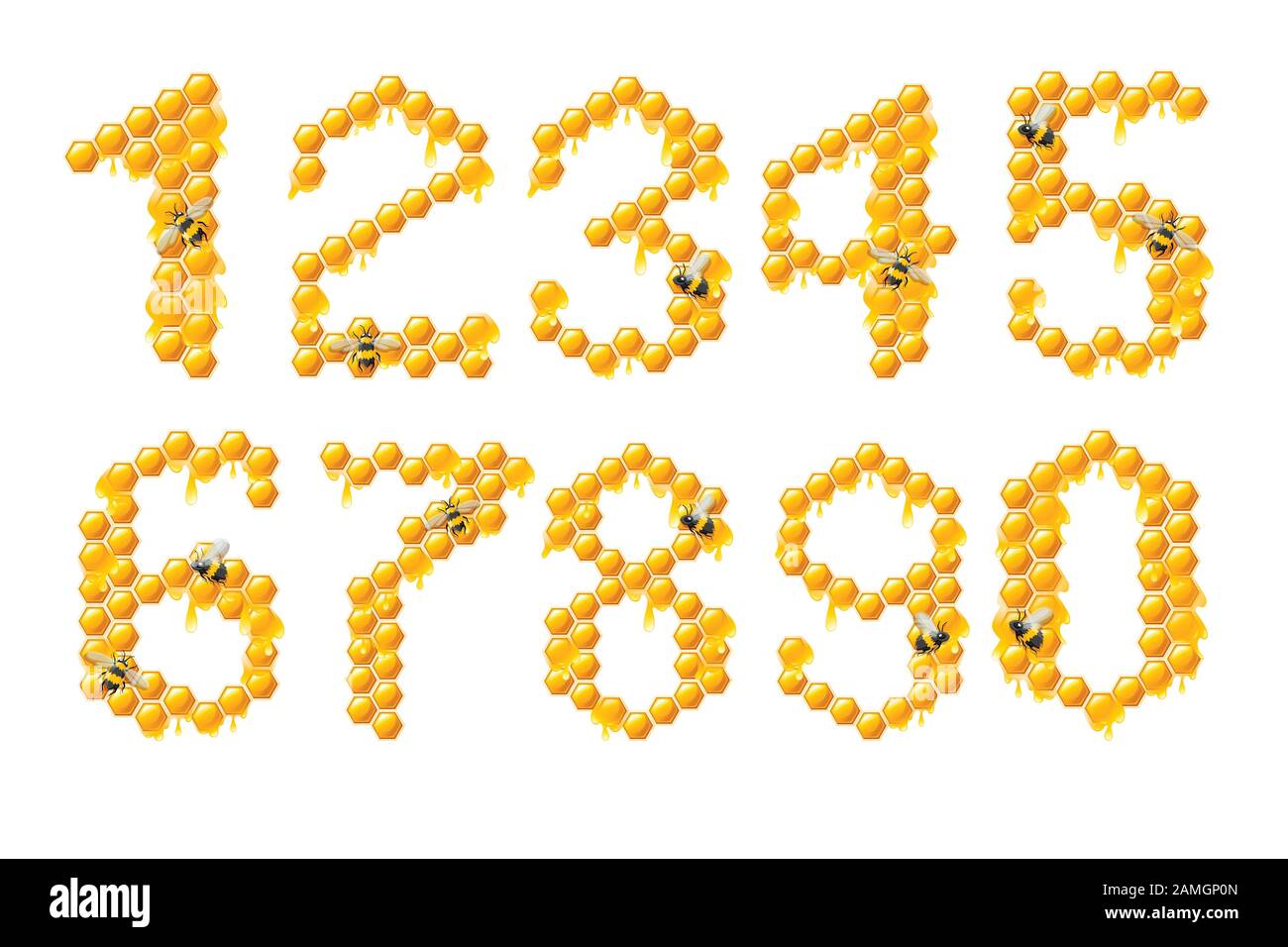 Set di numeri a nido d'ape con gocce di miele e ape stile cartone animato cibo disegno piatto vettore illustrazione isolato su sfondo bianco. Illustrazione Vettoriale