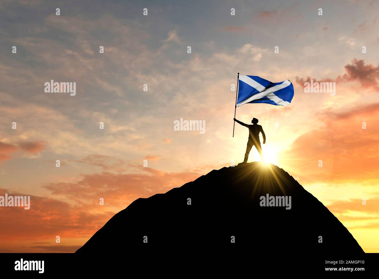 La bandiera scozzese è sventolata in cima a una cima di montagna. Rendering 3D Foto Stock