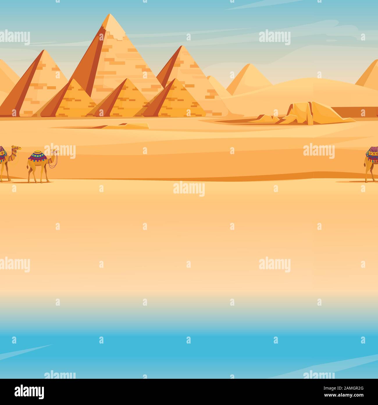 Giza Piramidi Egizie paesaggio desertico con i cammelli piatta illustrazione vettoriale orizzontale dell'immagine. Illustrazione Vettoriale