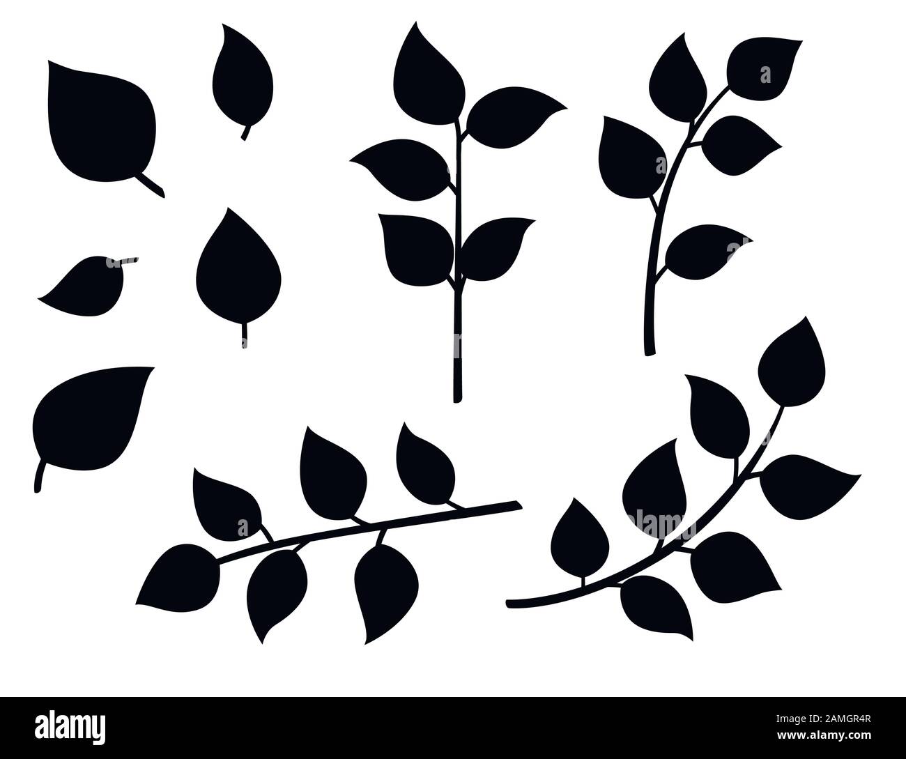 Silhouette nera di foglie d'autunno su rami piatto vettore illustrazione isolato su sfondo bianco. Illustrazione Vettoriale