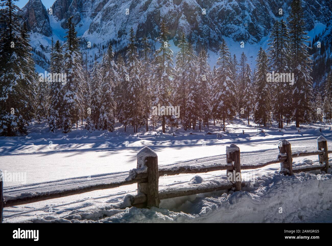 Recinzione di sentiero pedonale sulla pista di fondo della Val Fiscalina Foto Stock