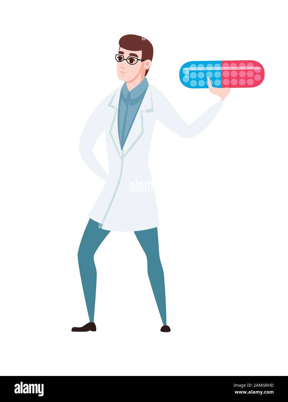 Medico maschile in un cappotto medico che tiene una grande pillola nella sua mano personaggio cartone animato disegno vettore piatto illustrazione. Illustrazione Vettoriale