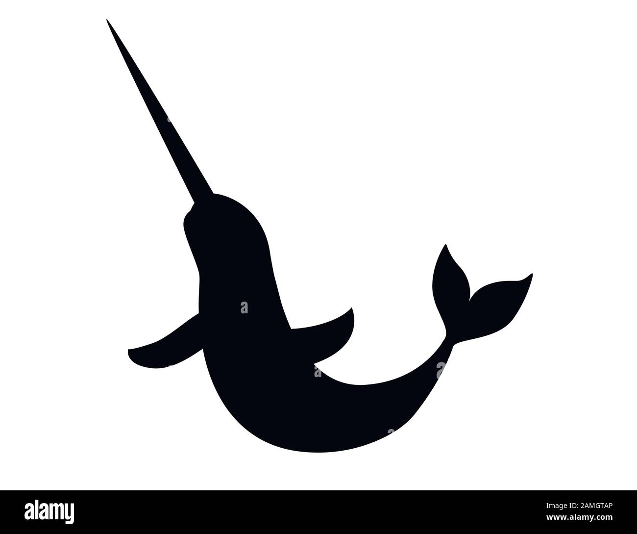 Silhouette nera narwhal(Monodon monoceros) balena dentata con tusk cartone animato disegno del personaggio piatto vettore illustrazione isolato su sfondo bianco Illustrazione Vettoriale