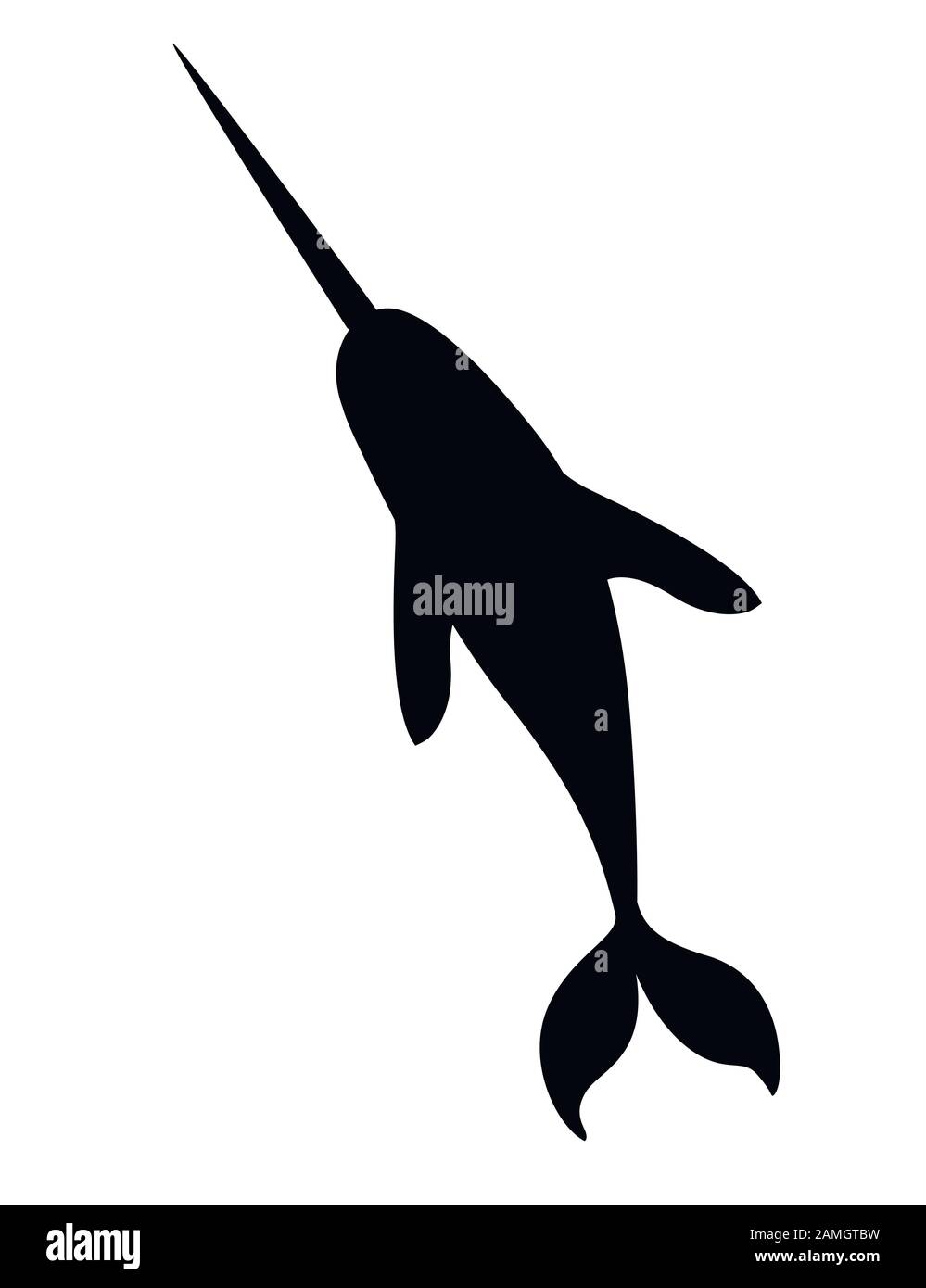 Silhouette nera narwhal(Monodon monoceros) balena dentata con tusk cartone animato disegno del personaggio piatto vettore illustrazione isolato su sfondo bianco Illustrazione Vettoriale