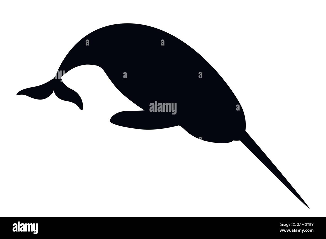 Silhouette nera narwhal(Monodon monoceros) balena dentata con tusk cartone animato disegno del personaggio piatto vettore illustrazione isolato su sfondo bianco Illustrazione Vettoriale