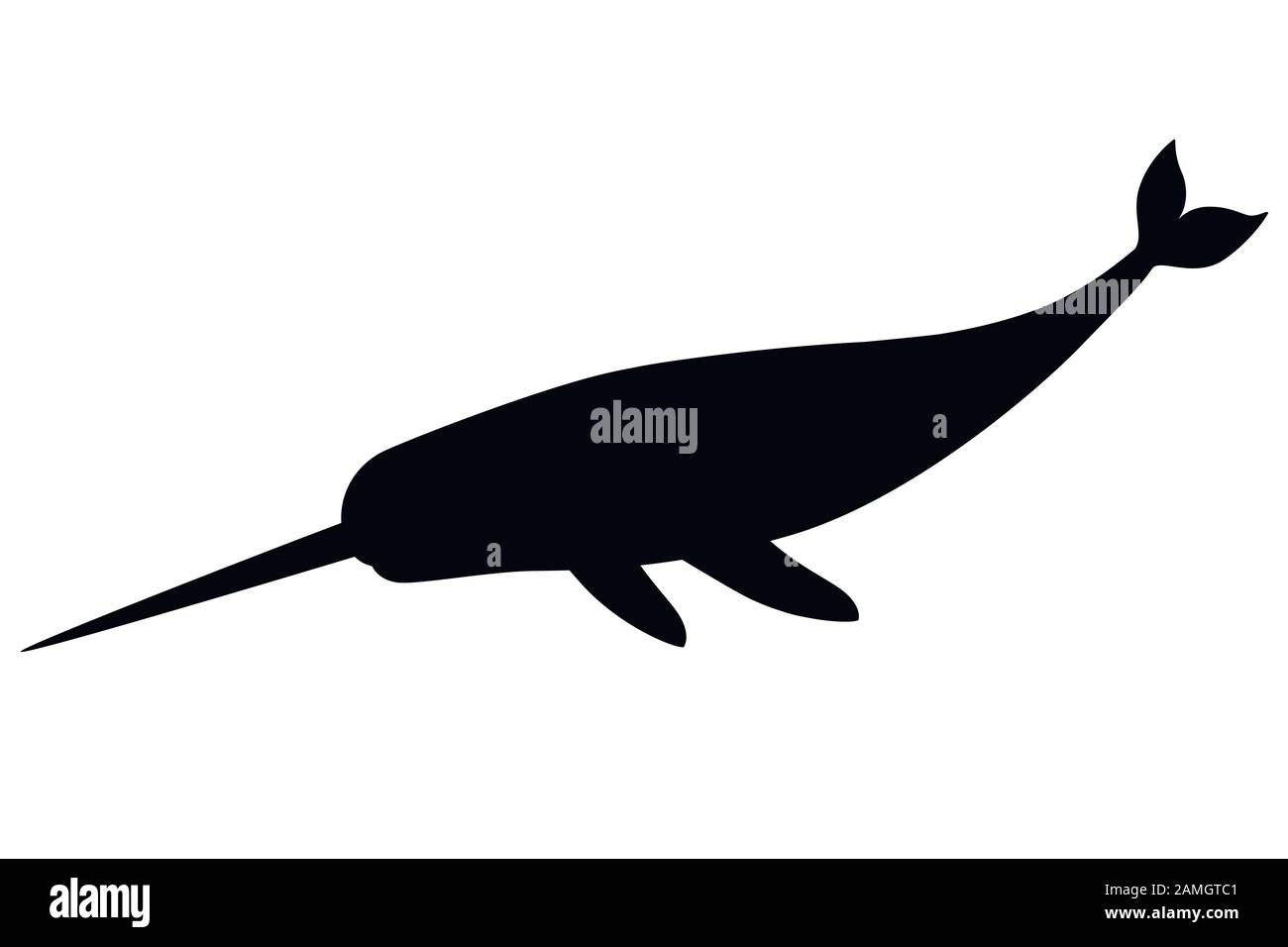 Silhouette nera narwhal(Monodon monoceros) balena dentata con tusk cartone animato disegno del personaggio piatto vettore illustrazione isolato su sfondo bianco Illustrazione Vettoriale