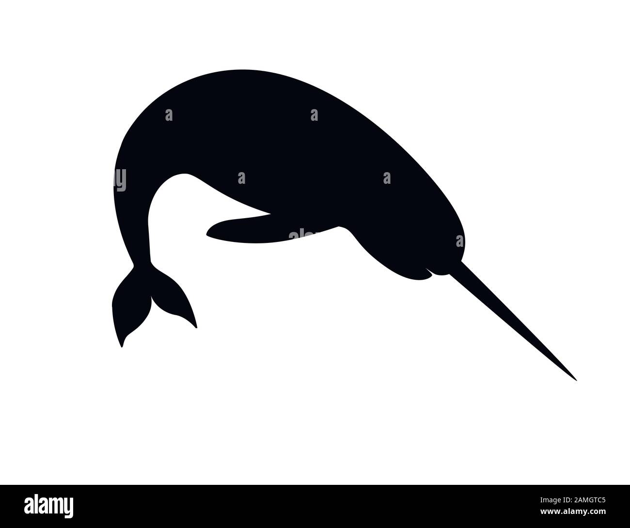 Silhouette nera narwhal(Monodon monoceros) balena dentata con tusk cartone animato disegno del personaggio piatto vettore illustrazione isolato su sfondo bianco Illustrazione Vettoriale