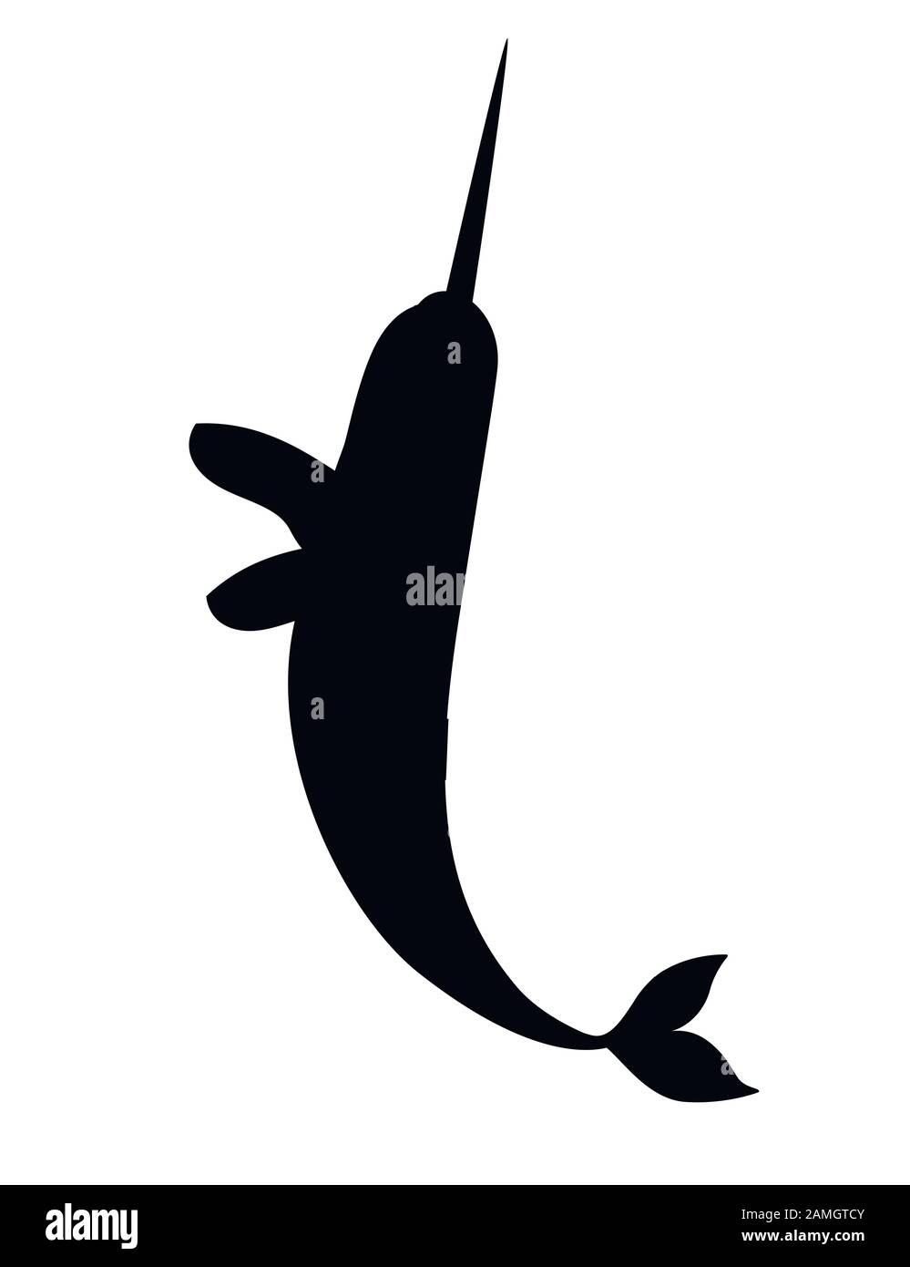 Silhouette nera narwhal(Monodon monoceros) balena dentata con tusk cartone animato disegno del personaggio piatto vettore illustrazione isolato su sfondo bianco Illustrazione Vettoriale