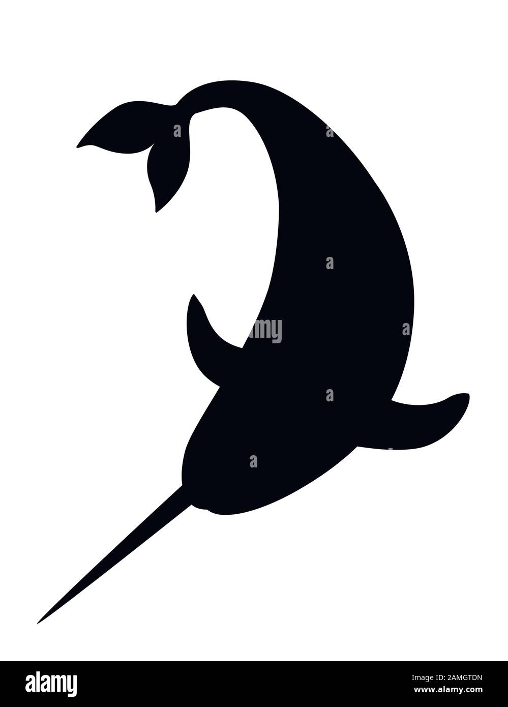 Silhouette nera narwhal(Monodon monoceros) balena dentata con tusk cartone animato disegno del personaggio piatto vettore illustrazione isolato su sfondo bianco Illustrazione Vettoriale