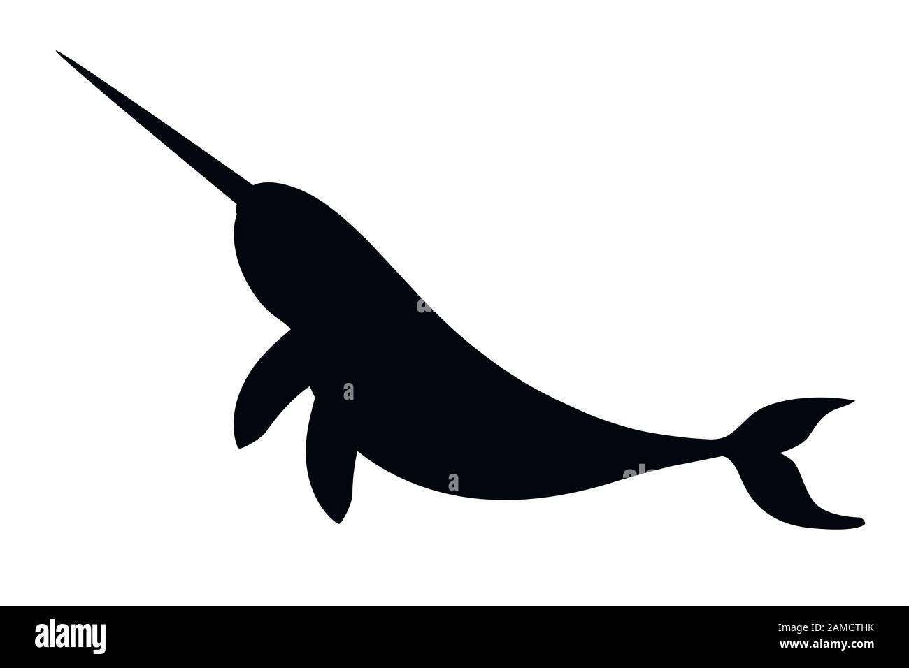 Silhouette nera narwhal(Monodon monoceros) balena dentata con tusk cartone animato disegno del personaggio piatto vettore illustrazione isolato su sfondo bianco Illustrazione Vettoriale